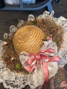 Vintage Victorian Straw Bonnet with Lace and Pink Ribbon